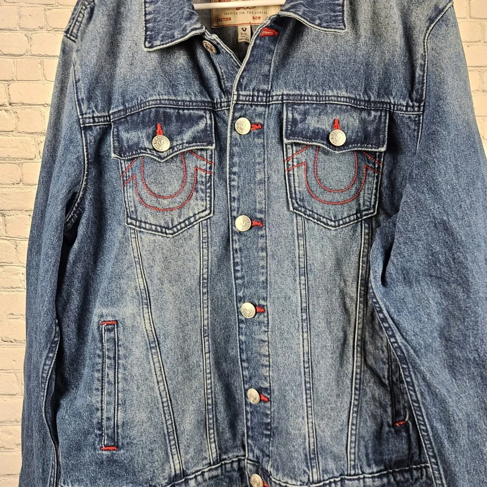 True Religion Mens Denim Jacket Medium Blue Quartz Wash Buddha Print 701133 XL